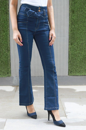 Four Buttoned, Broad Belted Wide Leg Denim