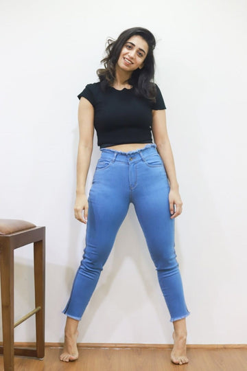 Light Raw Hem Denim with Blue Side Stripe